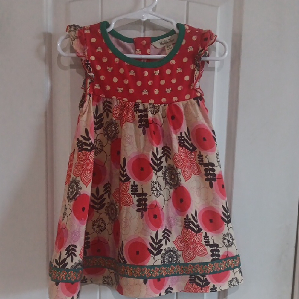 Matilda Jane Red & Pink Floral Kids Dress Cat Face Bodice Ribbon Hem
